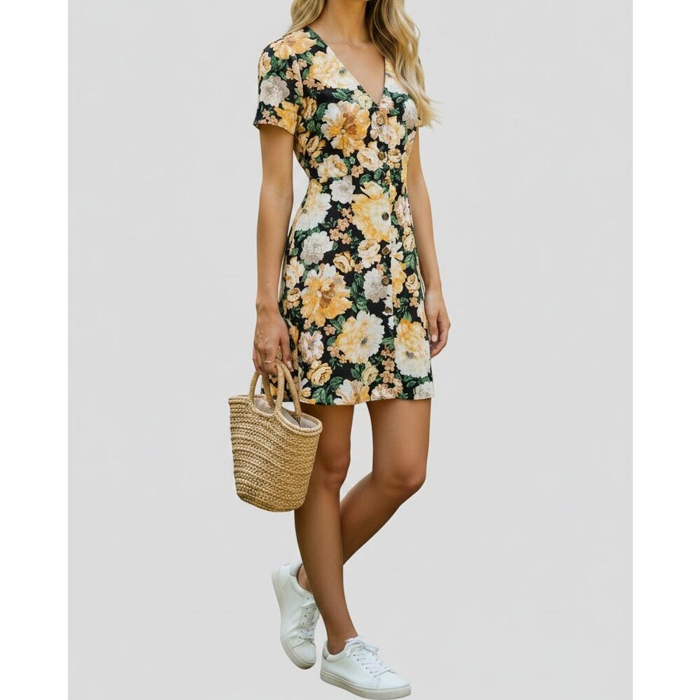 Miss Selfridge Floral Button Front Mini Dress Black Yellow Cottagecore Size 6